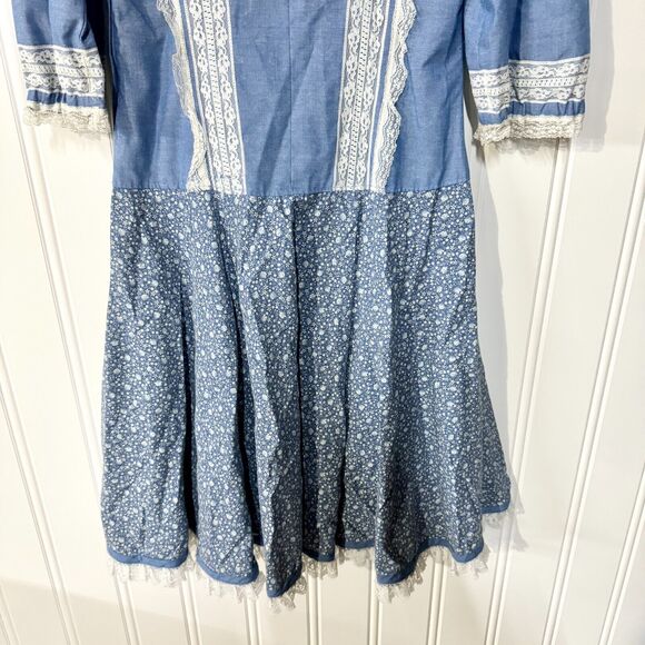 70s Vintage Dress Collared Neck Blue & White Laced Peplum Mini Long Handmade - Picture 4 of 12